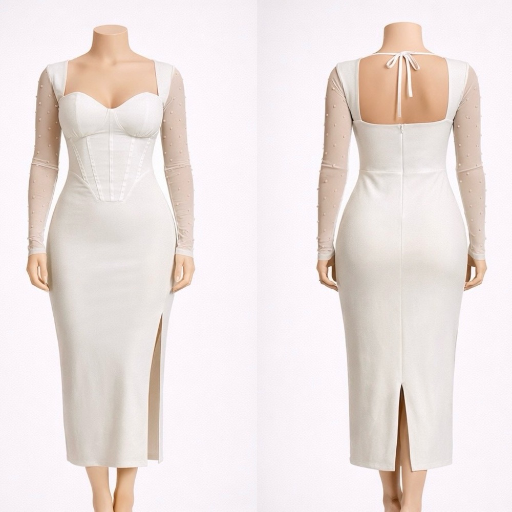Elegant White Long-Sleeve Mesh Sleeve Midi Dress